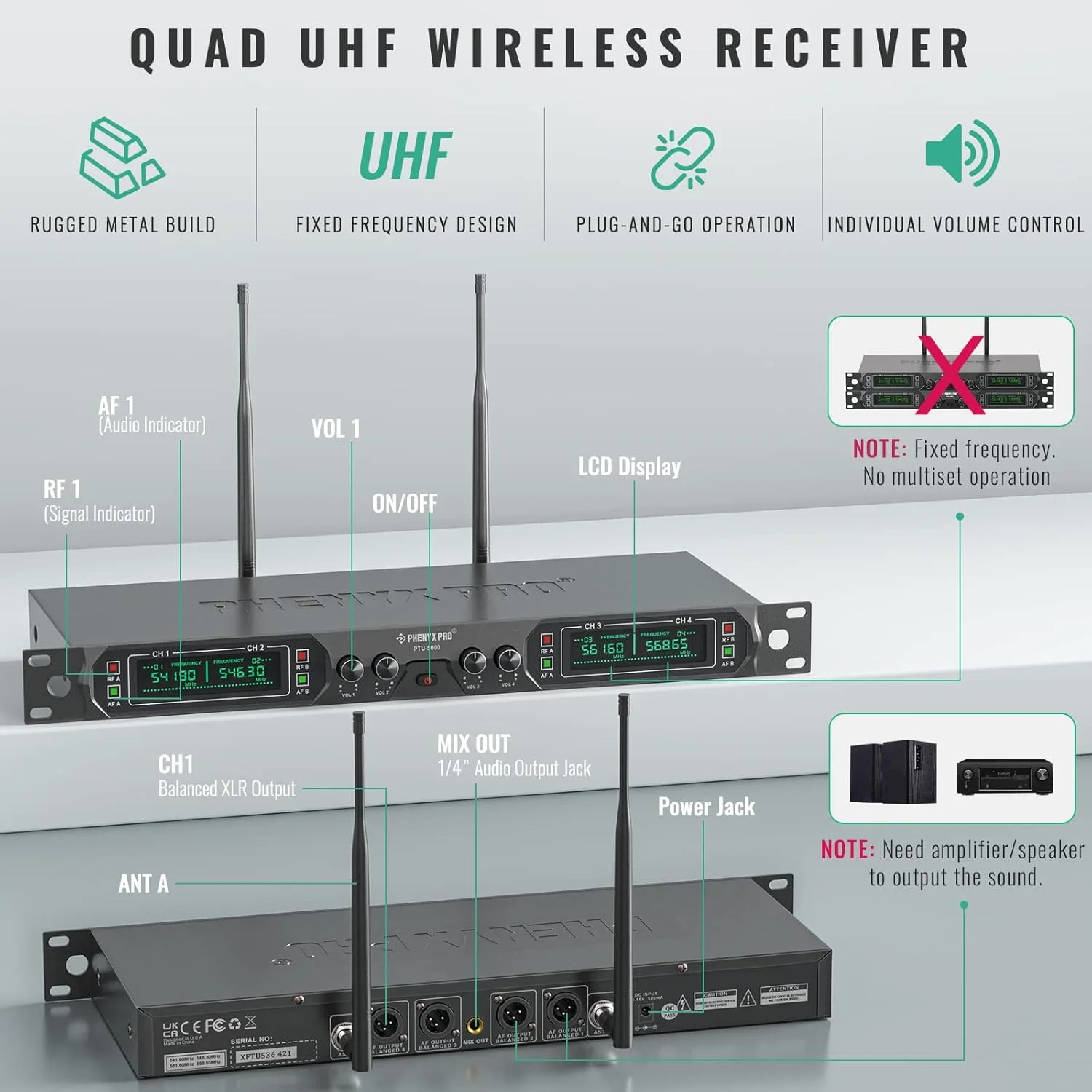 سیستم میکروفون بی سیم Phenyx Pro، ست میکروفون بی سیم UHF 4 کاناله با چهار میکروفون دستی، بدنه تمام فلزی، فرکانس ثابت، برد بلند 260 فوت، ایده آل برای کلیسا، کارائوکه، عروسی ها، رویدادها (PTU-5000A) سیستم میکروفون بی سیم Phenyx Pro، ست میکروفون بی سیم UHF 4 کاناله با چهار میکروفون دستی، بدنه تمام فلزی، فرکانس ثابت، برد بلند 260 فوت، ایده آل برای کلیسا، کارائوکه، عروسی ها، رویدادها (PTU-5000A)
