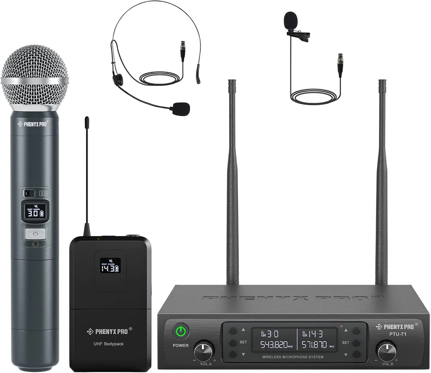 سیستم میکروفون بی سیم UHF Phenyx Pro، ست میکروفون بی سیم دستی/بادی پک/یقه ای/هدست، چند کاناله، عملکرد حرفه ای با برد طولانی، ایده آل برای ارائه، PA، کلیسا (PTU-71-New)، سیستم میکروفون بی سیم Phenyx Pro، ست میکروفون دوگانه با میکروفون های دستی/بادی پک/یقه ای، 2x100 کانال UHF، برد 328 فوت، برای آواز خواندن، کلیسا (PTU-71-1H1B)