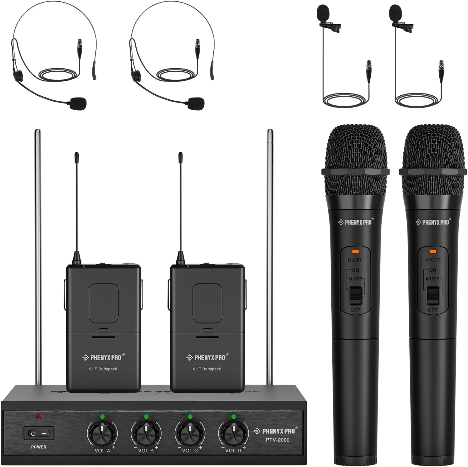 سیستم میکروفون بی سیم، مجموعه میکروفون بی سیم 4 کاناله VHF Phenyx Pro با 2 میکروفون دستی/2 فرستنده بدنی/2 میکروفون یقه ای/2 هدست، گیرنده فلزی، ایده آل برای کلیسا، جلسه، کنفرانس (PTV-2000B)