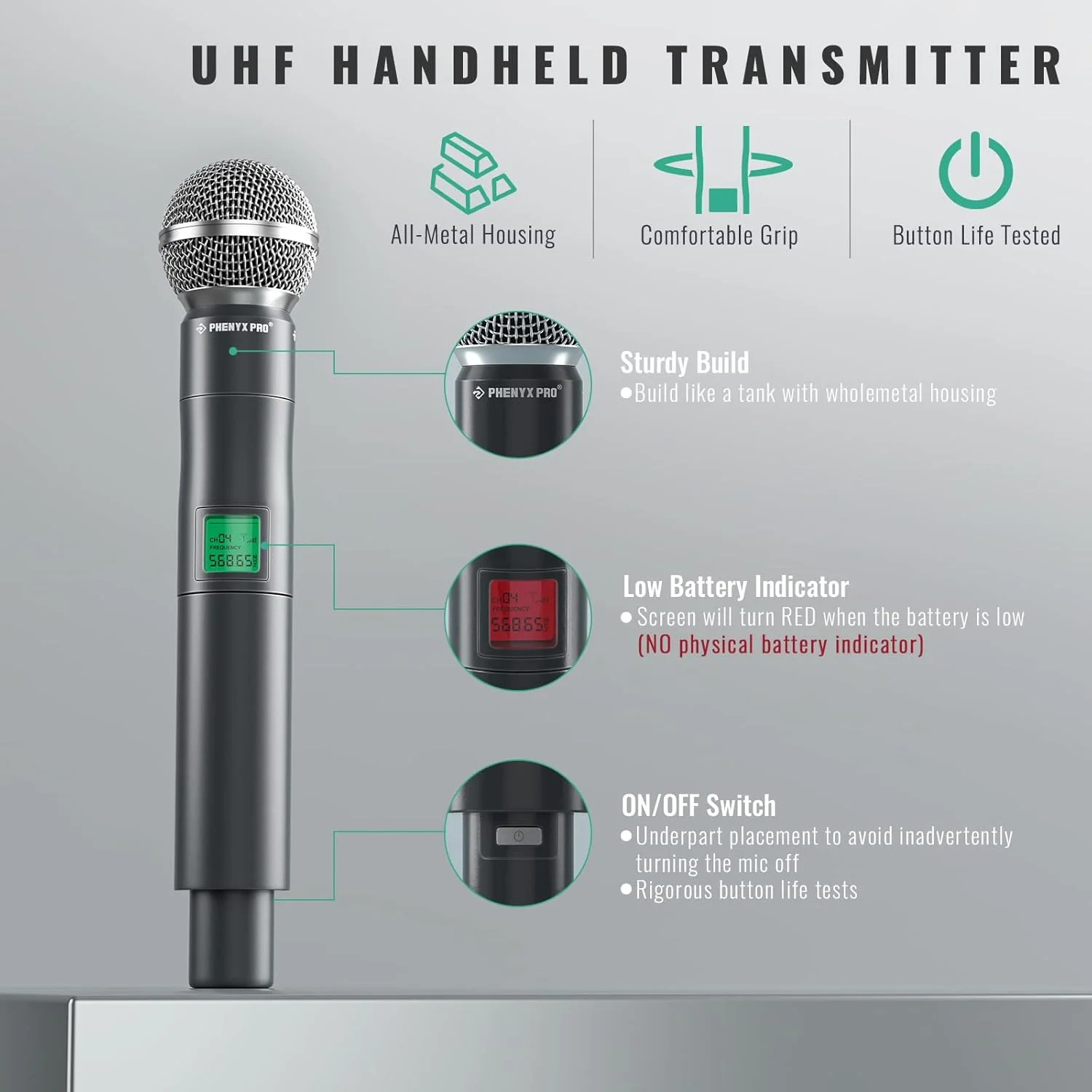 سیستم میکروفون بی سیم Phenyx Pro، ست میکروفون بی سیم UHF 4 کاناله با چهار میکروفون دستی، بدنه تمام فلزی، فرکانس ثابت، برد بلند 260 فوت، ایده آل برای کلیسا، کارائوکه، عروسی ها، رویدادها (PTU-5000A) سیستم میکروفون بی سیم Phenyx Pro، ست میکروفون بی سیم UHF 4 کاناله با چهار میکروفون دستی، بدنه تمام فلزی، فرکانس ثابت، برد بلند 260 فوت، ایده آل برای کلیسا، کارائوکه، عروسی ها، رویدادها (PTU-5000A)