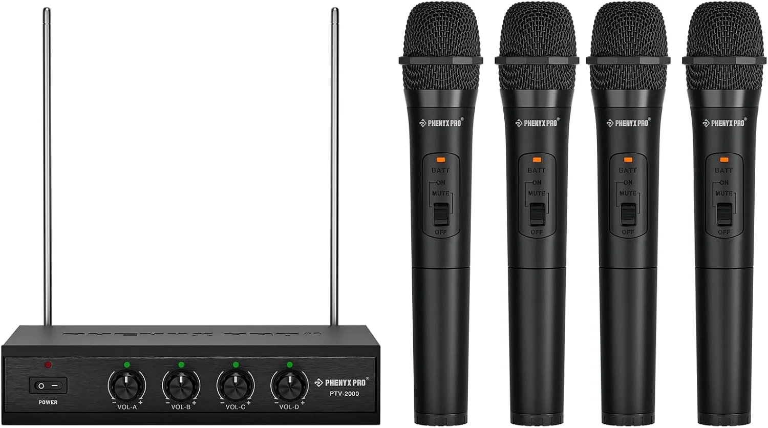 سیستم میکروفون بی سیم 4 کاناله VHF Phenyx Pro، 4 میکروفون دستی، فرکانس ثابت، گیرنده فلزی، عملکرد از راه دور، ایده آل برای کلیسا، مهمانی، آدرس عمومی (PTV-2000)