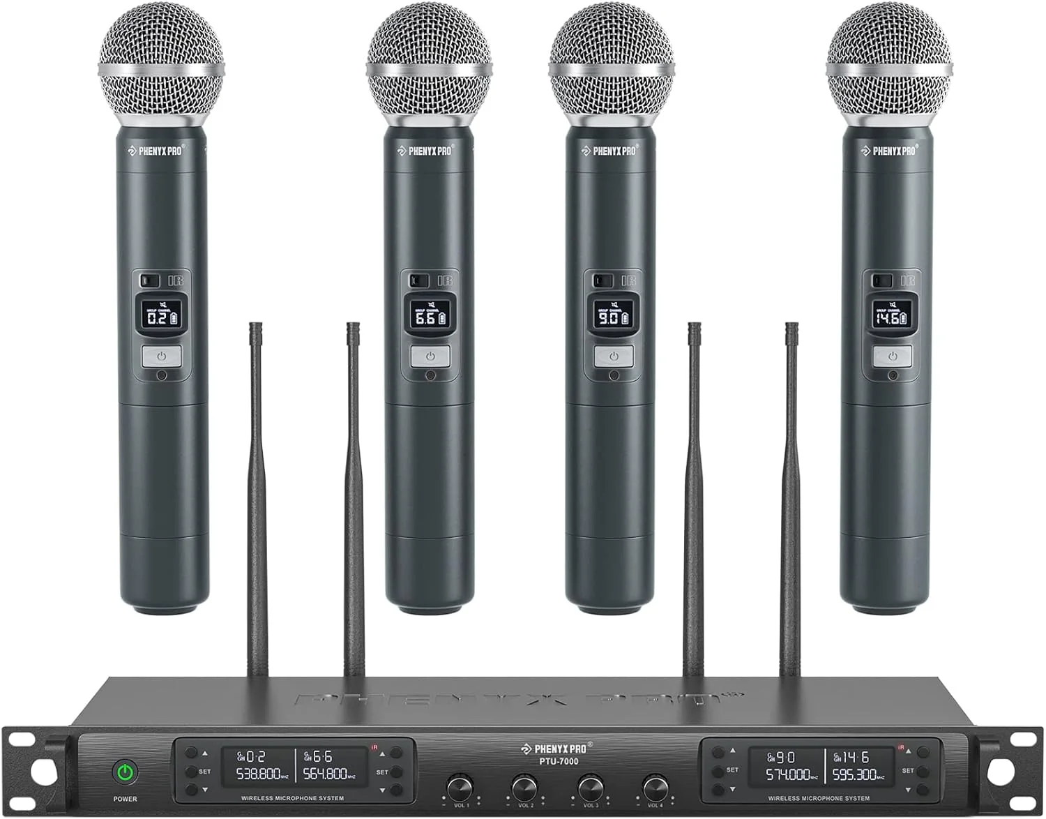 سیستم میکروفون بی سیم Phenyx Pro، میکروفون بی سیم چهار کاناله، با 4x40 فرکانس UHF، اسکن خودکار، برد بلند 328 فوتی، 4 میکروفون دستی دینامیک برای آواز، کلیسا، کارائوکه (PTU-7000-4H)