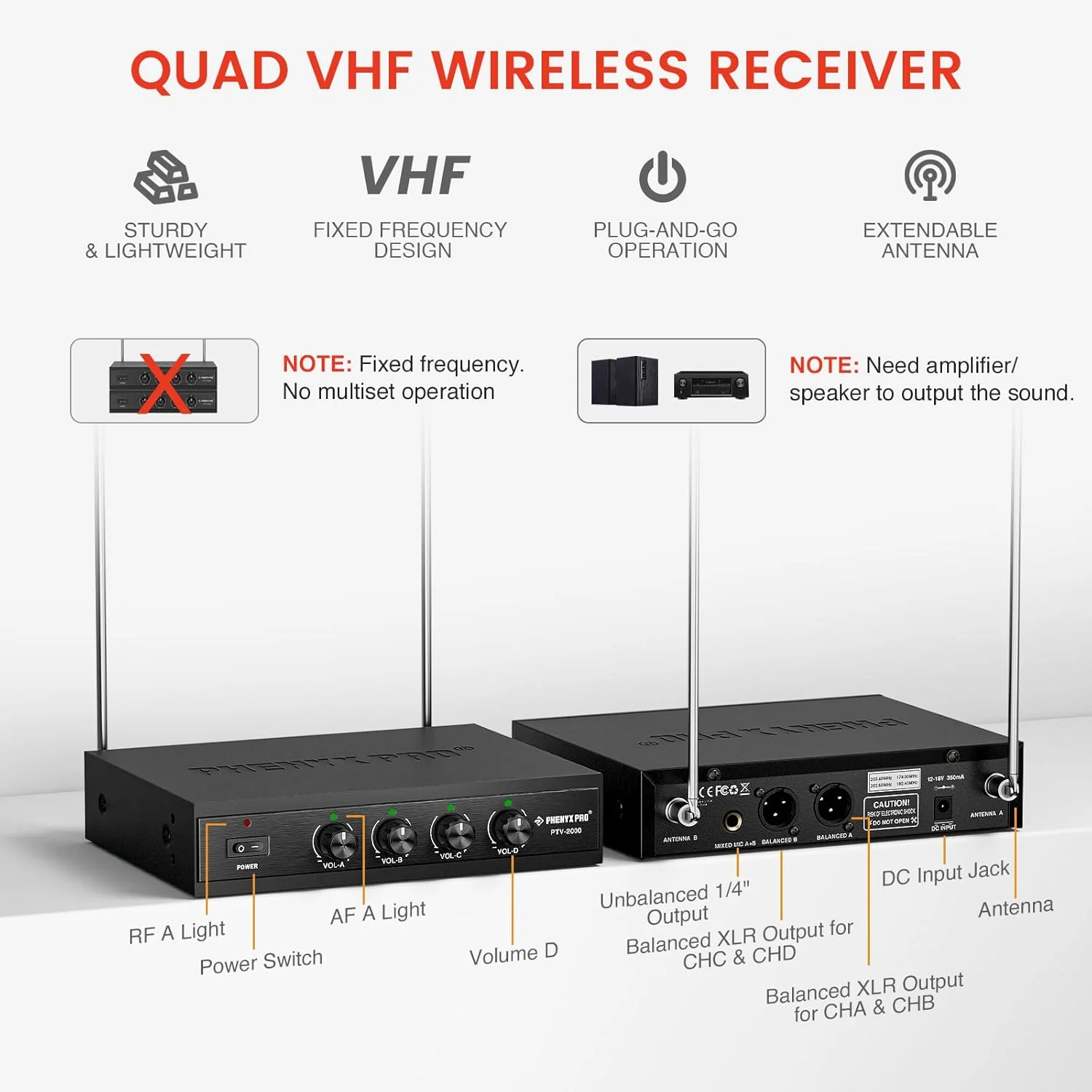 سیستم میکروفون بی سیم 4 کاناله VHF Phenyx Pro، 4 میکروفون دستی، فرکانس ثابت، گیرنده فلزی، عملکرد از راه دور، ایده آل برای کلیسا، مهمانی، آدرس عمومی (PTV-2000) سیستم میکروفون بی سیم 4 کاناله VHF Phenyx Pro، 4 میکروفون دستی، فرکانس ثابت، گیرنده فلزی، عملکرد از راه دور، ایده آل برای کلیسا، مهمانی، آدرس عمومی (PTV-2000)