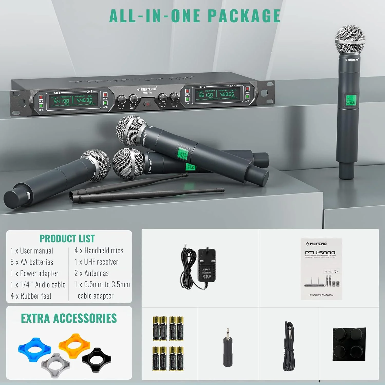 سیستم میکروفون بی سیم Phenyx Pro، ست میکروفون بی سیم UHF 4 کاناله با چهار میکروفون دستی، بدنه تمام فلزی، فرکانس ثابت، برد بلند 260 فوت، ایده آل برای کلیسا، کارائوکه، عروسی ها، رویدادها (PTU-5000A) سیستم میکروفون بی سیم Phenyx Pro، ست میکروفون بی سیم UHF 4 کاناله با چهار میکروفون دستی، بدنه تمام فلزی، فرکانس ثابت، برد بلند 260 فوت، ایده آل برای کلیسا، کارائوکه، عروسی ها، رویدادها (PTU-5000A)