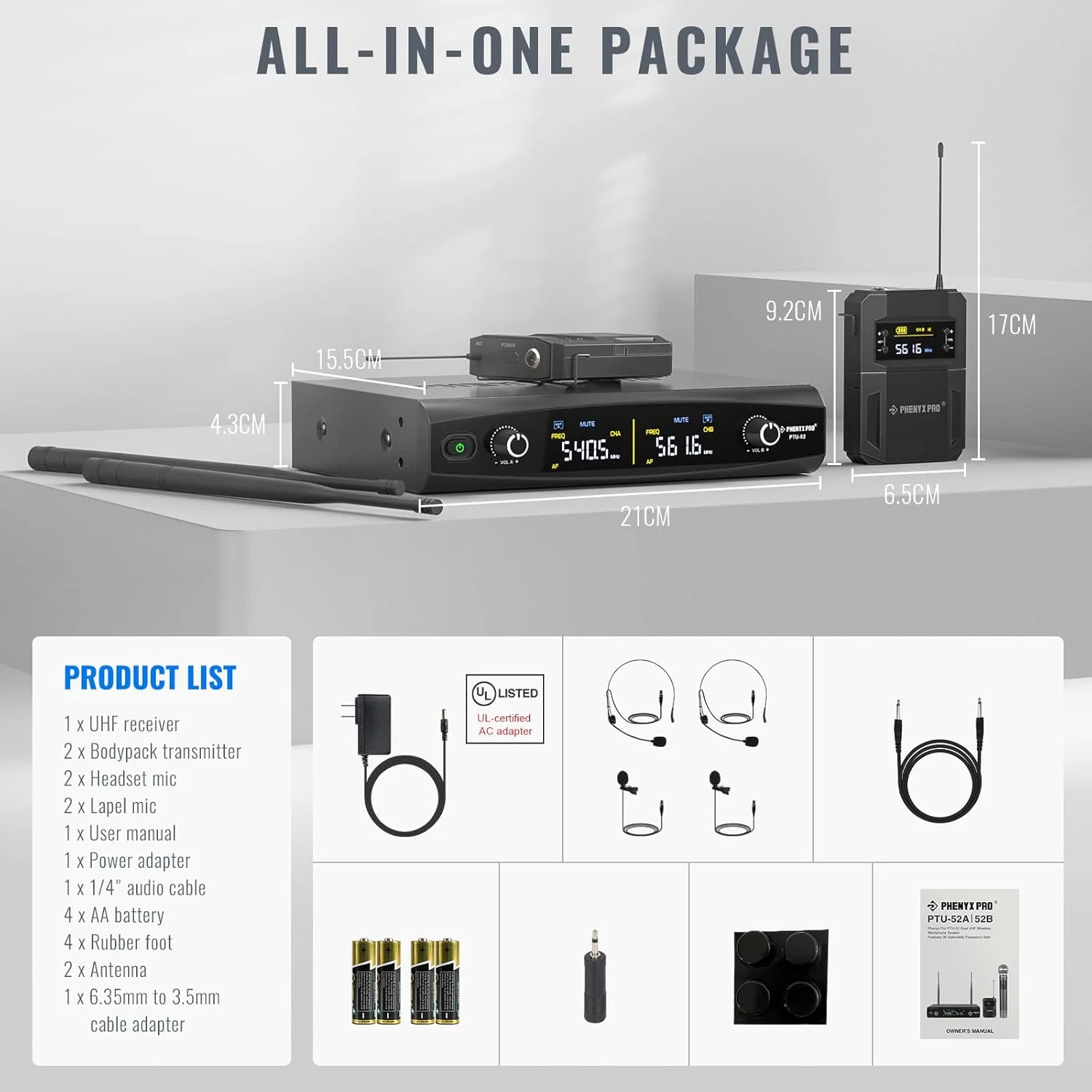 سیستم میکروفون بی سیم UHF Phenyx Pro با 2x30 فرکانس قابل تنظیم، ست میکروفون بی سیم فلزی، برد 200 فوت، 2 عدد بادی پک و هدست/میکروفون یقه ای برای سخنرانی، آواز، کلیسا، دی جی (PTU-52-2B) سیستم میکروفون بی سیم UHF Phenyx Pro با 2x30 فرکانس قابل تنظیم، ست میکروفون بی سیم فلزی، برد 200 فوت، 2 عدد بادی پک و هدست/میکروفون یقه ای برای سخنرانی، آواز، کلیسا، دی جی (PTU-52-2B)