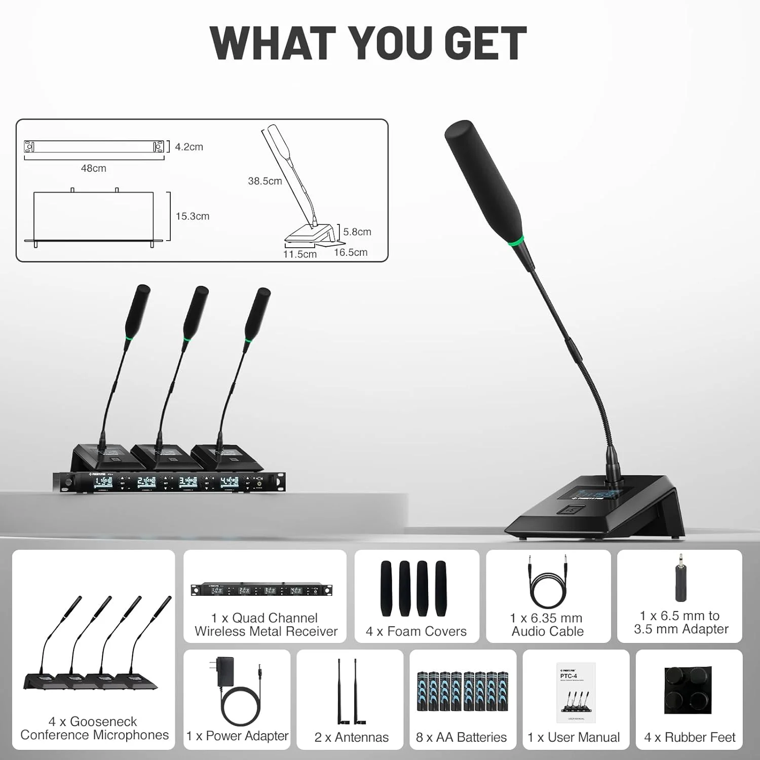 سیستم میکروفون کنفرانس بیسیم Phenyx Pro، میکروفون تریبون بیسیم چهار کاناله، 4x50 فرکانس UHF، اسکن خودکار، 4 میکروفون گردن غازی برای سخنرانی، کلیسا، کنفرانس، سخنرانی عمومی (PTC-4) سیستم میکروفون کنفرانس بیسیم Phenyx Pro، میکروفون تریبون بیسیم چهار کاناله، 4x50 فرکانس UHF، اسکن خودکار، 4 میکروفون گردن غازی برای سخنرانی، کلیسا، کنفرانس، سخنرانی عمومی (PTC-4)