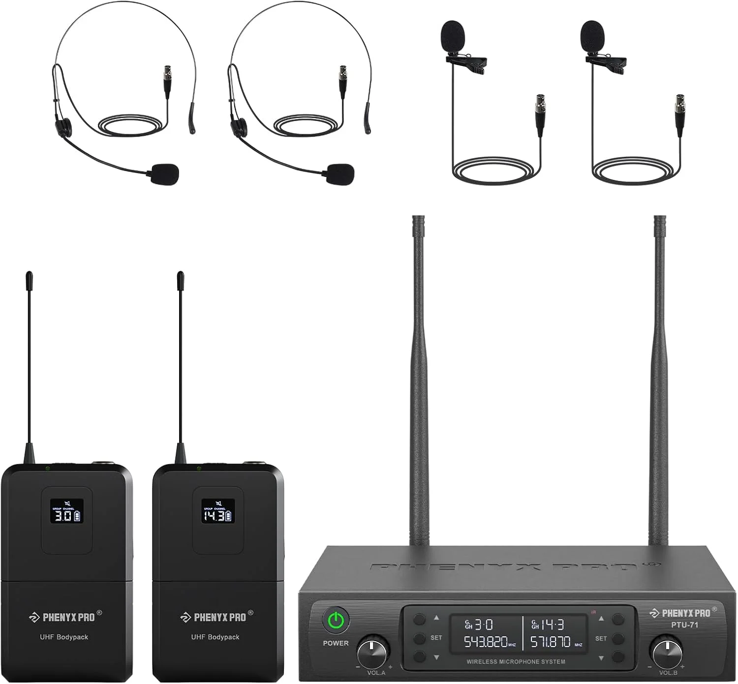 سیستم میکروفون بی سیم دوگانه UHF Phenyx Pro، ست میکروفون بی سیم با اسکن خودکار با 2x100 فرکانس، 2 بدنه و هدست/میکروفون یقه ای برای سخنرانی، آواز، کلیسا، دی جی (PTU-71-2B)