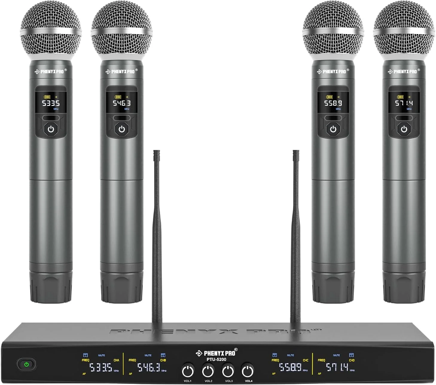 سیستم میکروفون بی سیم Phenyx Pro، ست میکروفون بی سیم فلزی با 4 میکروفون بی سیم، 4x25 فرکانس قابل تنظیم UHF، برد 200 فوت، میکروفون های دینامیک برای آواز، کارائوکه، کلیسا، دی جی (PTU-5200-4H)