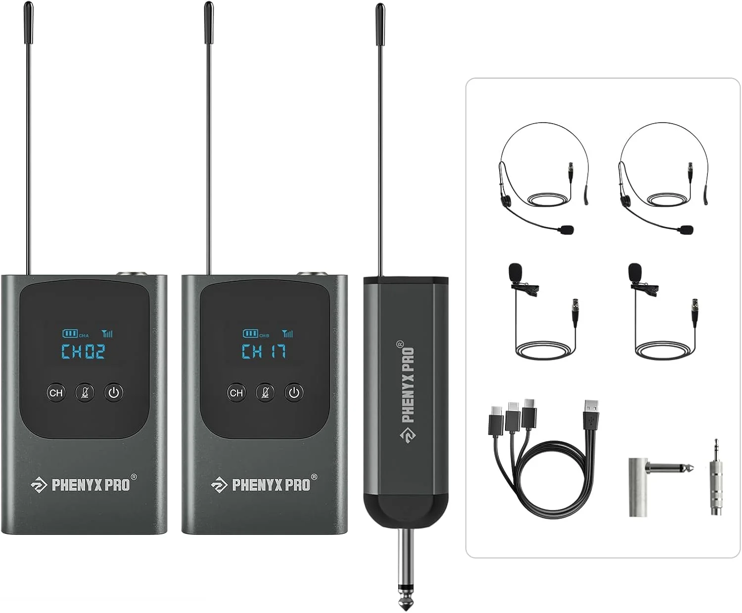 سیستم میکروفون بی سیم دیجیتال دوگانه Phenyx Pro، گیرنده مینی قابل حمل، 2x15 فرکانس UHF، 2 فرستنده بادی‌پک، میکروفون هدست/یقه ای برای آواز خواندن، کارائوکه (PDP-2-2B)