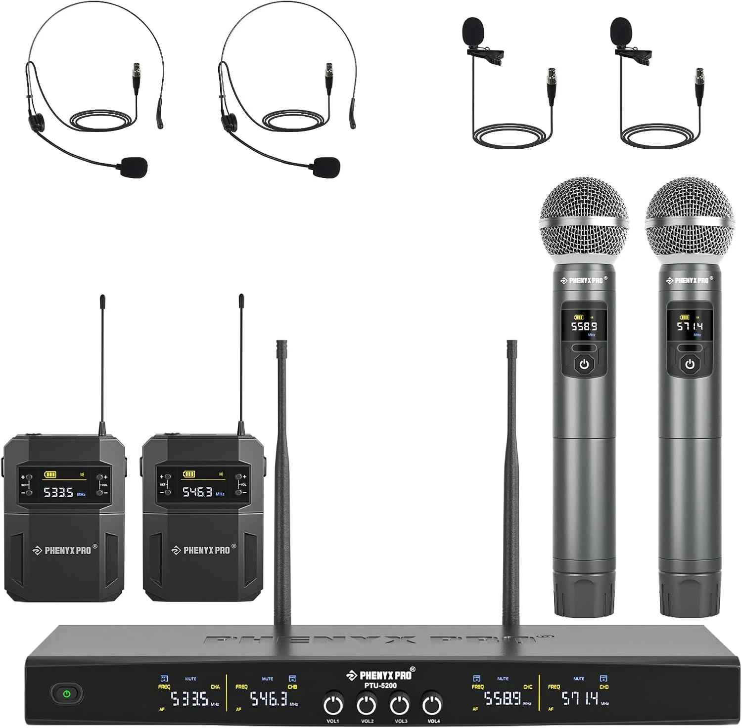 سیستم میکروفون بی سیم Phenyx Pro، ست میکروفون بی سیم 4 کاناله با میکروفون های دستی/بادی پک/هدست/یقه ای، میکروفون بی سیم برای آواز خواندن، کارائوکه، کلیسا (PTU-5200B)