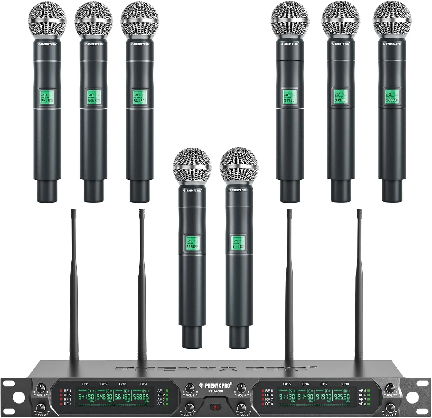 سیستم میکروفون بی سیم Phenyx Pro، میکروفون بی سیم UHF 8 کاناله با میکروفون های دستی فلزی، میکروفون دینامیک با فرکانس ثابت برای کارائوکه، کلیسا، آواز، دی جی، برد 260 فوت (PTU-4000A)