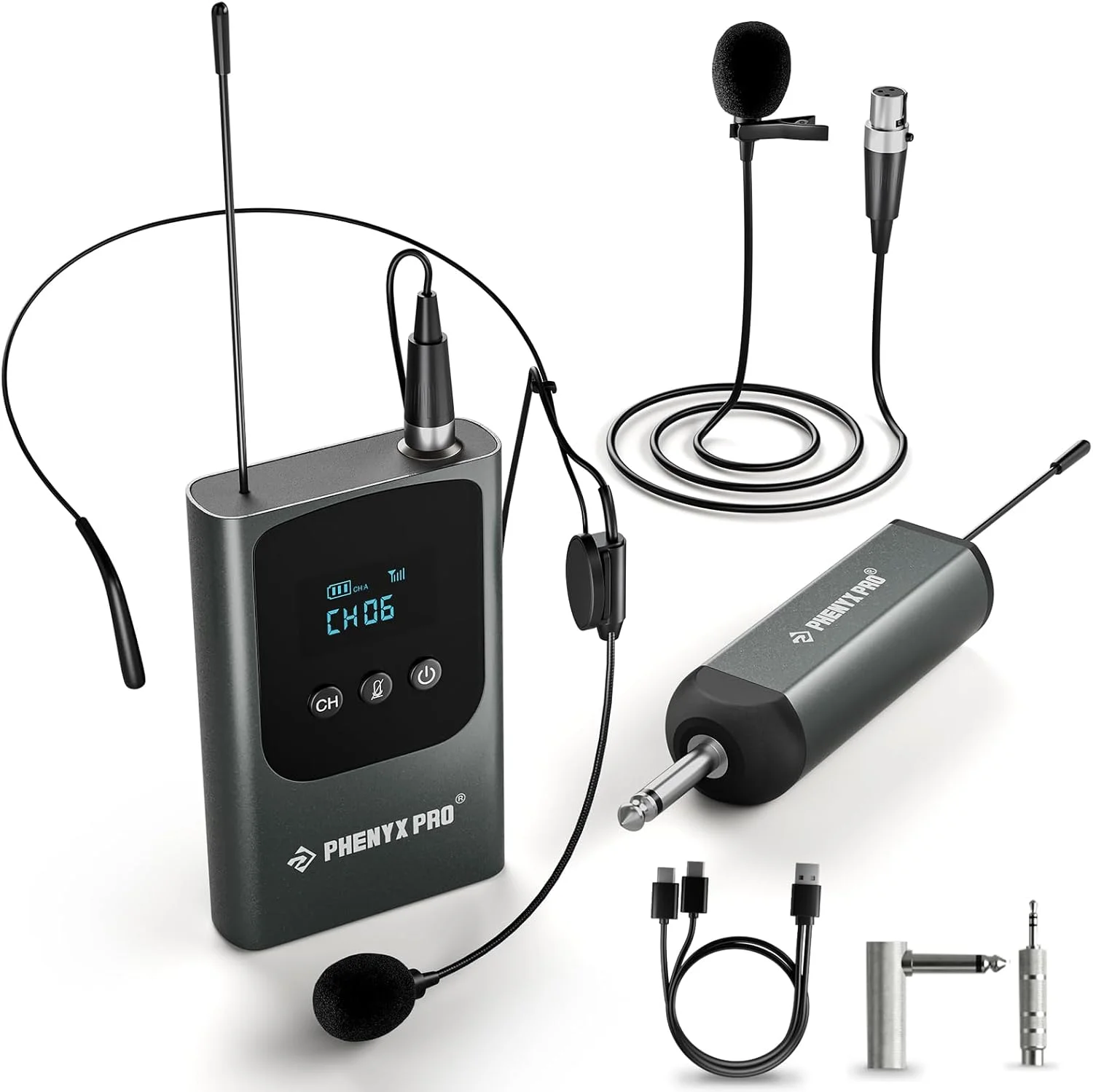 سیستم میکروفون بی سیم دیجیتال تک کاناله Phenyx Pro، با گیرنده مینی، فرستنده بدنه، 15 کانال در باند UHF 900MHz، میکروفون هدست/یقه ای برای کارائوکه، خواننده، کلیسا، عروسی (PDP-1-1B)