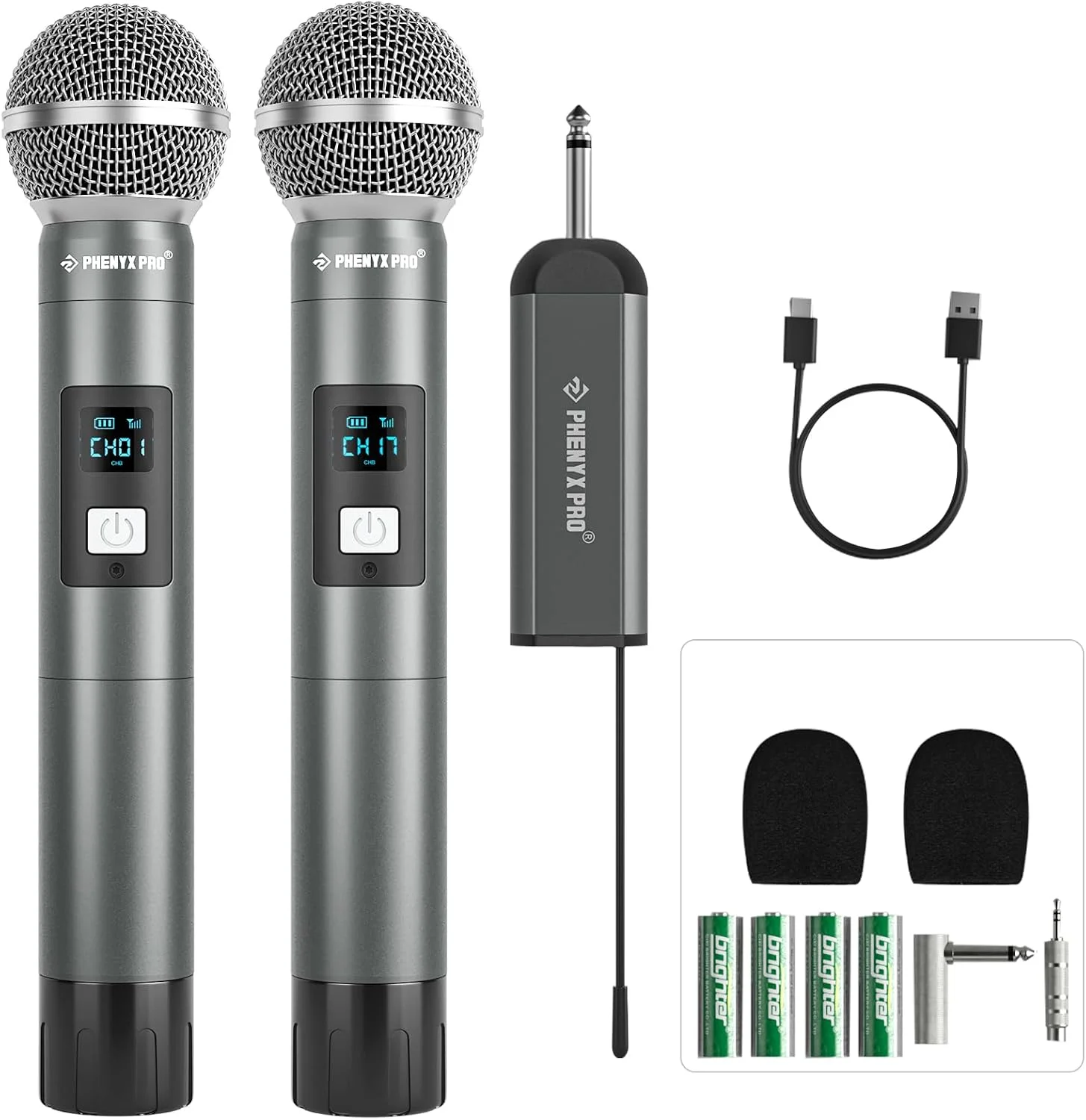 سیستم میکروفون بی سیم دیجیتال دوگانه Phenyx Pro، با 2 میکروفون دستی دینامیک، 15 گروه فرکانس UHF، مینی رسیور، میکروفون بی سیم فلزی برای کارائوکه، کلیسا، دی جی، آواز خواندن (PDP-2-2H)