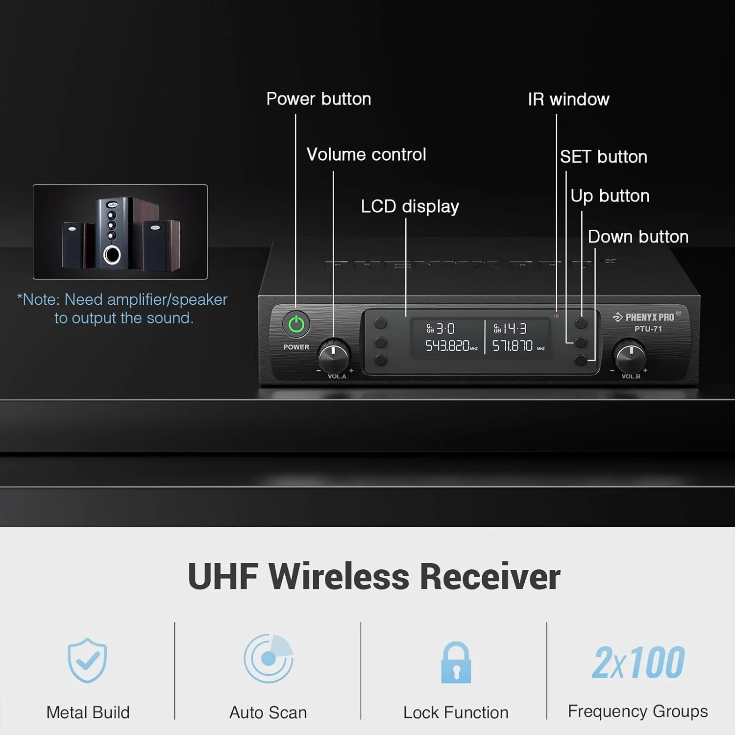 سیستم میکروفون بی سیم دوگانه UHF Phenyx Pro، میکروفون های بی سیم برای عملکرد حرفه ای برد بلند 250 فوتی، چند کاناله، ساخت فلزی، عمر باتری 16 ساعته، ایده آل برای آدرس عمومی (PTU-71-Newï¼â€°