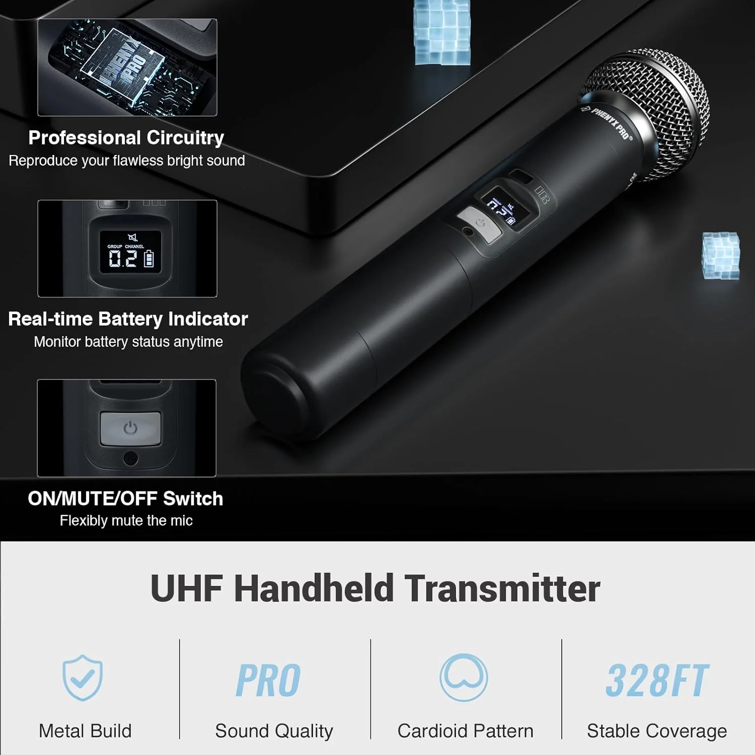 سیستم میکروفون بی سیم دوگانه UHF Phenyx Pro، میکروفون های بی سیم برای عملکرد حرفه ای برد بلند 250 فوتی، چند کاناله، ساخت فلزی، عمر باتری 16 ساعته، ایده آل برای آدرس عمومی (PTU-71-Newï¼â€°