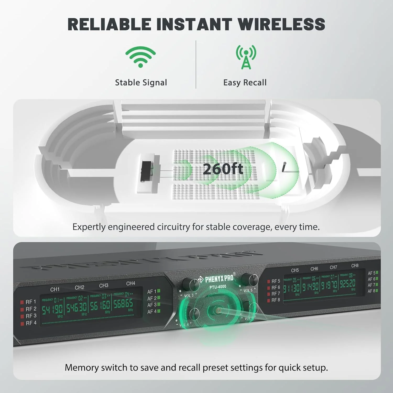 سیستم میکروفون بی سیم Phenyx Pro، میکروفون بی سیم UHF 8 کاناله با میکروفون های دستی فلزی، میکروفون دینامیک با فرکانس ثابت برای کارائوکه، کلیسا، آواز، دی جی، برد 260 فوت (PTU-4000A) سیستم میکروفون بی سیم Phenyx Pro، میکروفون بی سیم UHF 8 کاناله با میکروفون های دستی فلزی، میکروفون دینامیک با فرکانس ثابت برای کارائوکه، کلیسا، آواز، دی جی، برد 260 فوت (PTU-4000A)
