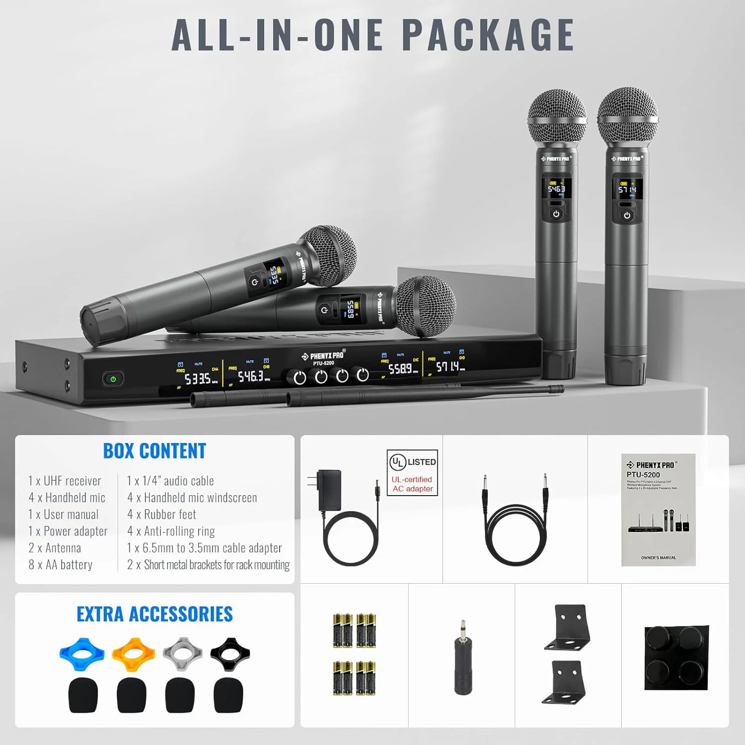 سیستم میکروفون بی سیم Phenyx Pro، ست میکروفون بی سیم فلزی با 4 میکروفون بی سیم، 4x25 فرکانس قابل تنظیم UHF، برد 200 فوت، میکروفون های دینامیک برای آواز، کارائوکه، کلیسا، دی جی (PTU-5200-4H) سیستم میکروفون بی سیم Phenyx Pro، ست میکروفون بی سیم فلزی با 4 میکروفون بی سیم، 4x25 فرکانس قابل تنظیم UHF، برد 200 فوت، میکروفون های دینامیک برای آواز، کارائوکه، کلیسا، دی جی (PTU-5200-4H)