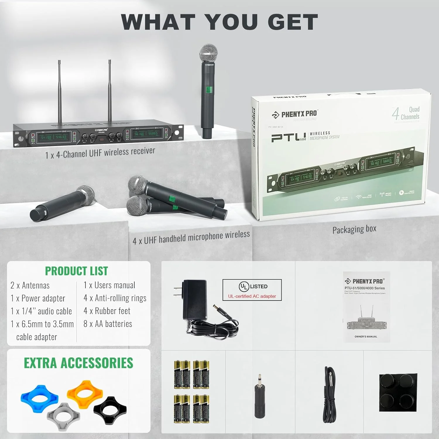 سیستم میکروفون بی سیم Phenyx Pro، 4 کانال UHF، مجموعه میکروفون بی سیم با چهار میکروفون دستی، بدنه تمام فلزی، فرکانس ثابت، برد بلند 260 فوت، ایده آل برای کلیسا، کارائوکه، عروسی ها، رویدادها (PTU-5000A) سیستم میکروفون بی سیم Phenyx Pro، 4 کانال UHF، مجموعه میکروفون بی سیم با چهار میکروفون دستی، بدنه تمام فلزی، فرکانس ثابت، برد بلند 260 فوت، ایده آل برای کلیسا، کارائوکه، عروسی ها، رویدادها (PTU-5000A)