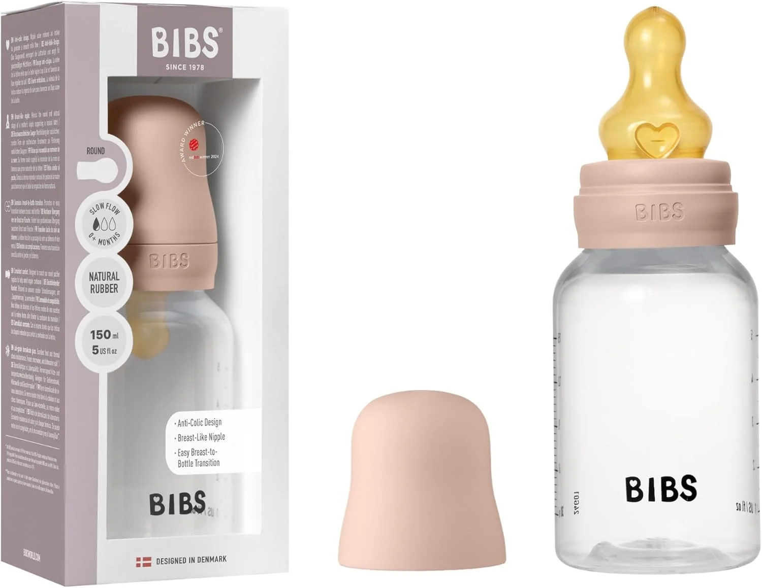 شیشه شیر کودک BIBS 150 میلی لیتر سرشیشه لاستیک طبیعی - ست شیشه شیر ضد نفخ فاقد BPA ضد نفخ جریان آهسته سبک و آسان برای تمیز کردن مناسب برای نوزادان از 0 سال - Blush