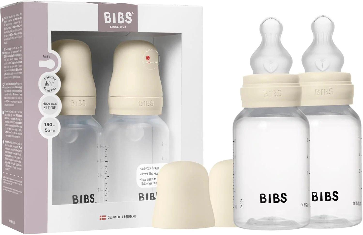شیشه شیر کودک BIBS 150 میلی لیتر بسته 2 عددی سرشیشه سیلیکونی - ست شیشه شیر ضد کولیک بدون BPA جریان آهسته سبک و تمیز کردن آسان مناسب برای نوزادان از 0 سال - عاجی