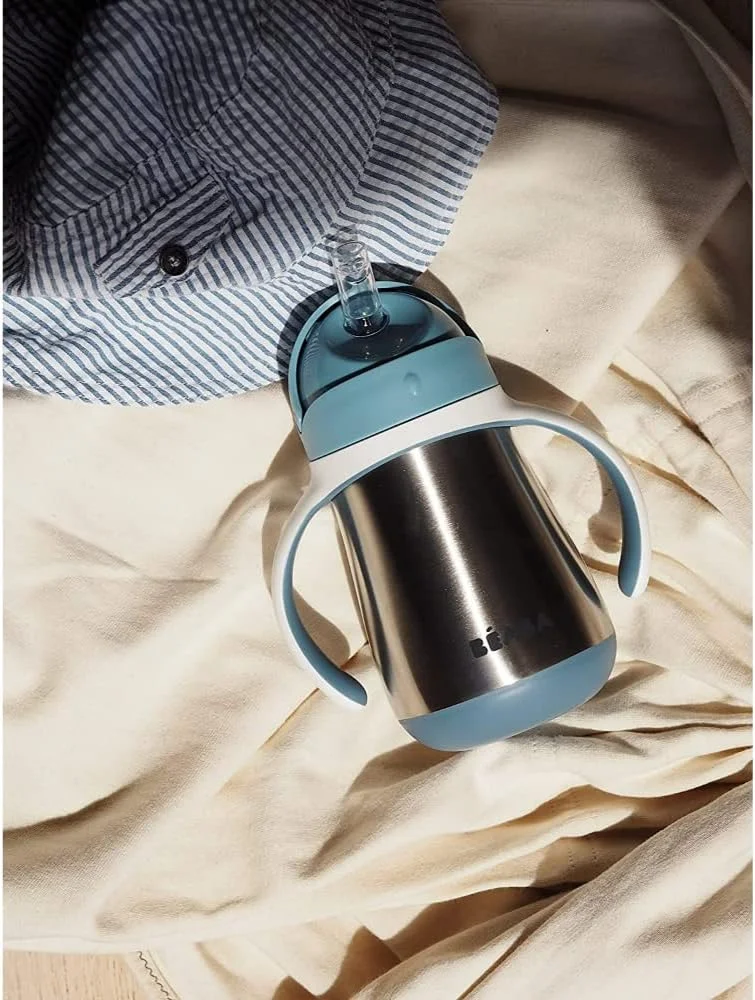 لیوان نی دار استیل کودک بئابا 250 میلی لیتر 8+ ماه آبی بادی