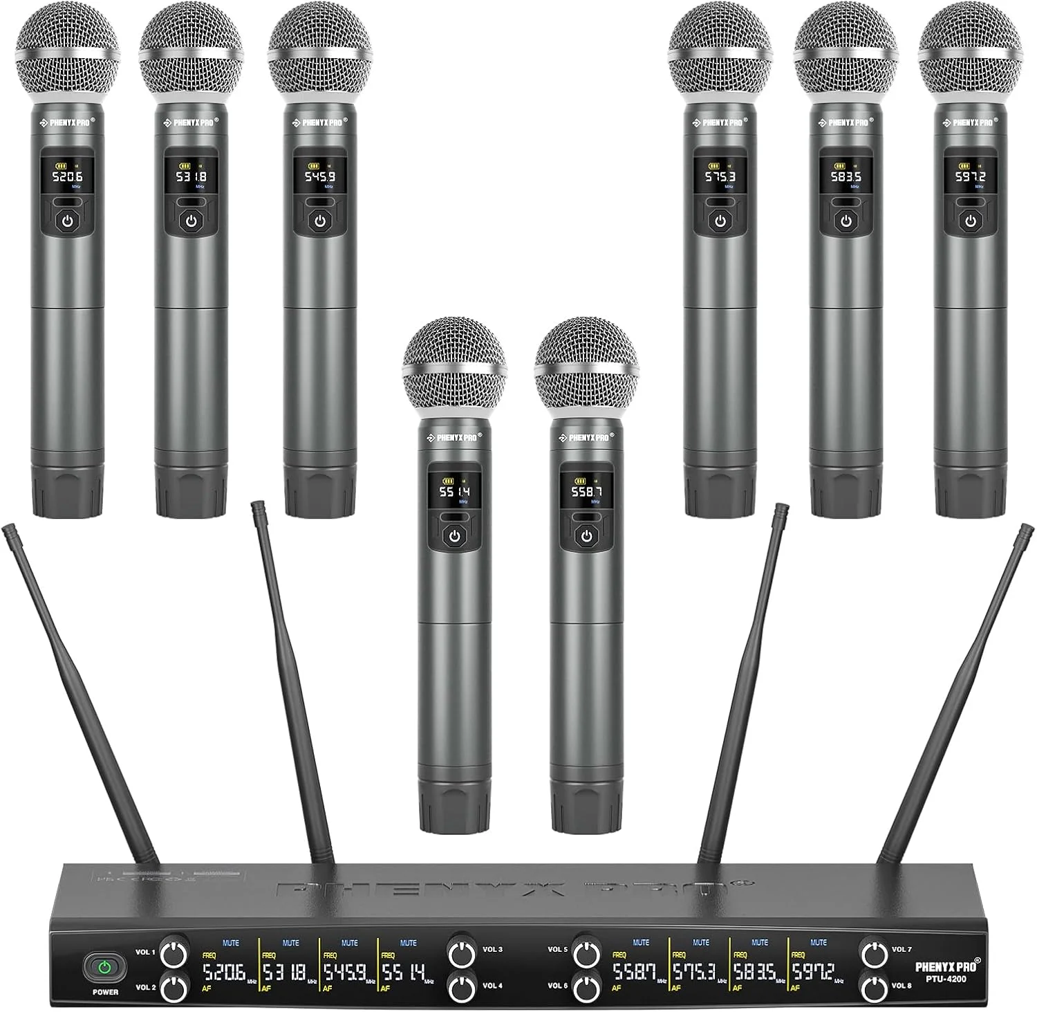 سیستم میکروفون بی سیم Phenyx Pro، ست میکروفون بی سیم فلزی 8 کاناله با 8 میکروفون بی سیم، 8x20 فرکانس UHF، برد 200 فوت، میکروفون های دینامیک برای آواز، کارائوکه، کلیسا، دی جی (PTU-4200-8H)