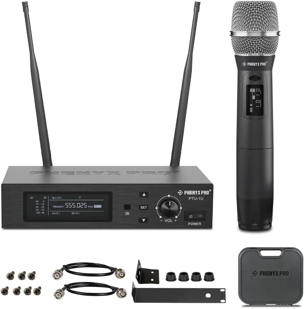 سیستم میکروفون بی سیم True Diversity Phenyx Pro با 1000 کانال قابل تنظیم، مجموعه میکروفون بی سیم تک با اسکن خودکار، میکروفون دینامیک حرفه ای UHF برای آواز، استیج و استودیو (PTU-1U)