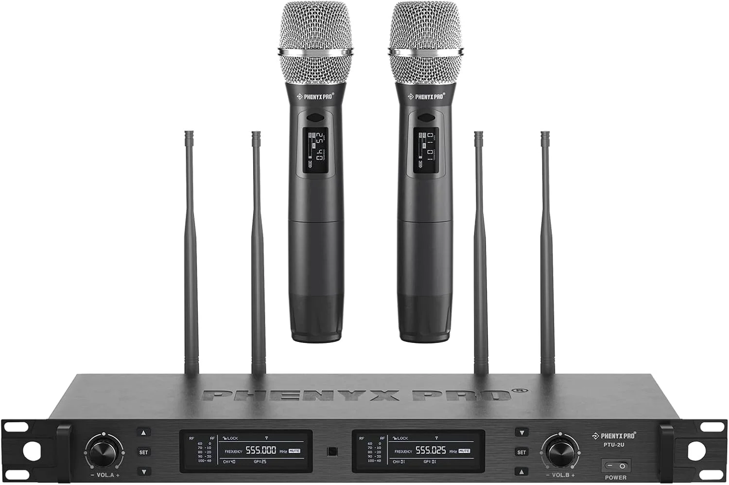 سیستم میکروفون بی سیم Phenyx Pro، مجموعه میکروفون بی سیم دوگانه با تنوع واقعی، میکروفون های بی سیم دستی UHF حرفه ای با اسکن خودکار، 2x1000 کانال، 328 فوت برای استیج و استودیو (PTU-2U-2H)