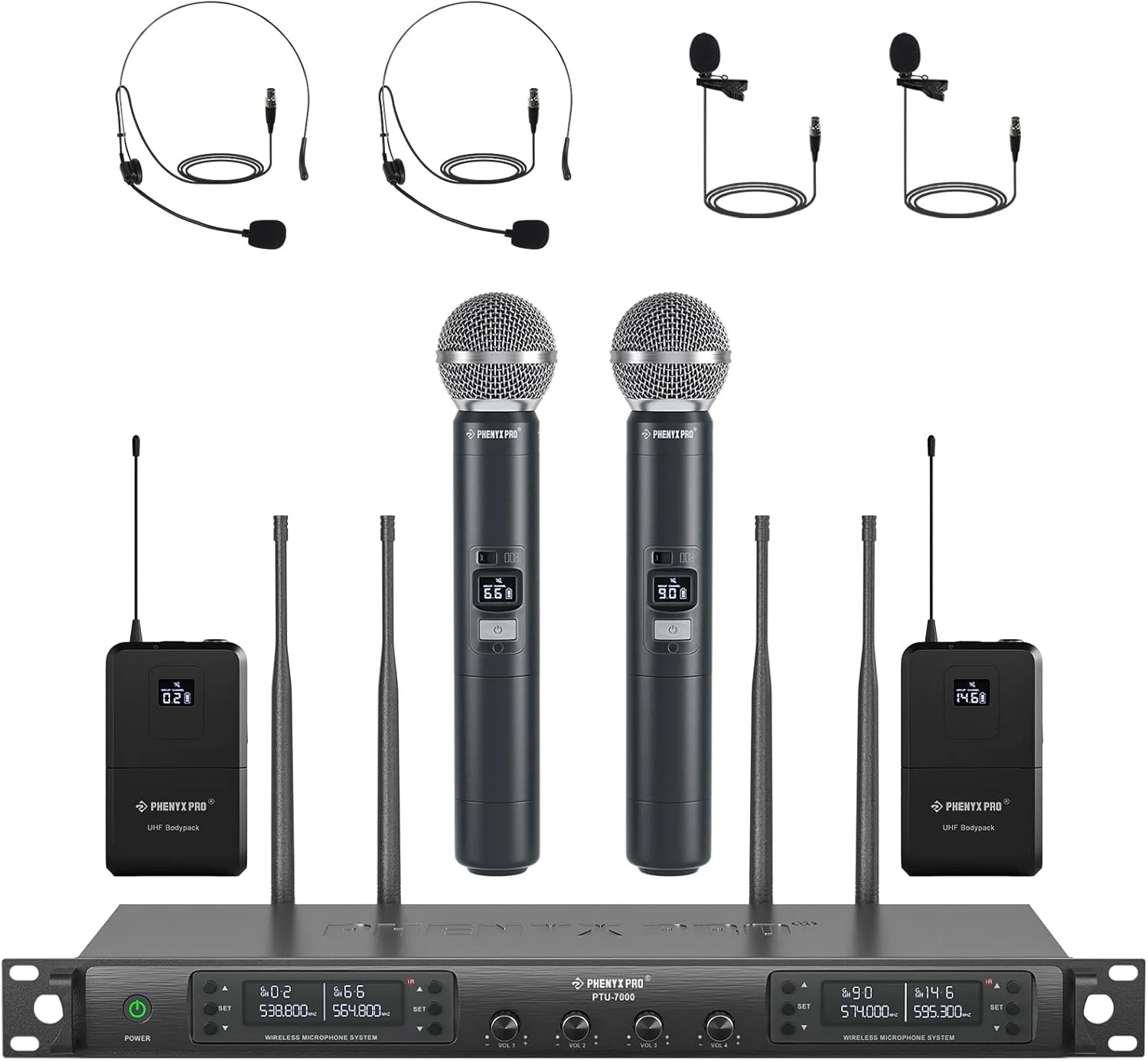 سیستم میکروفون بی سیم 4 کاناله Phenyx Pro با اسکن خودکار، 4x40 فرکانس UHF، 2 میکروفون دستی دینامیک، 2 فرستنده بدنه و هدست/میکروفون یقه ای برای آواز، دی جی، کلیسا (PTU-7000-2H2B)