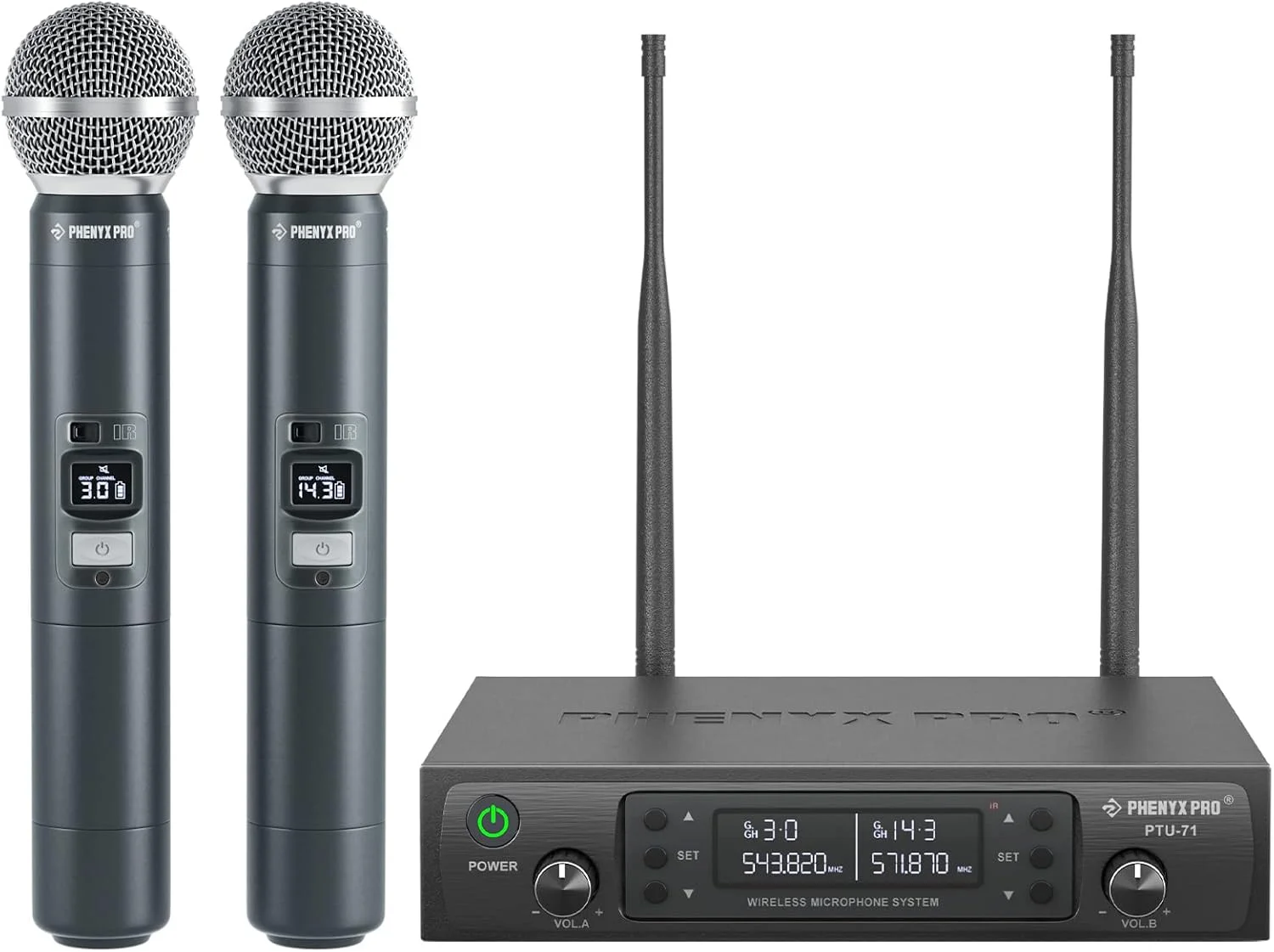 سیستم میکروفون بی سیم دوگانه UHF Phenyx Pro، میکروفون های بی سیم برای عملکرد حرفه ای برد بلند 250 فوتی، چند کاناله، ساخته شده از فلز، عمر باتری 16 ساعته، ایده آل برای آدرس عمومی (PTU-71-Newï¼â€°
