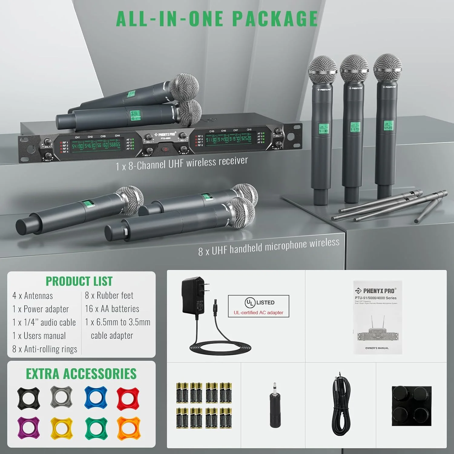 سیستم میکروفون بی سیم Phenyx Pro، میکروفون بی سیم UHF 8 کاناله با میکروفون های دستی فلزی، میکروفون دینامیک با فرکانس ثابت برای کارائوکه، کلیسا، آواز، دی جی، برد 260 فوت (PTU-4000A) سیستم میکروفون بی سیم Phenyx Pro، میکروفون بی سیم UHF 8 کاناله با میکروفون های دستی فلزی، میکروفون دینامیک با فرکانس ثابت برای کارائوکه، کلیسا، آواز، دی جی، برد 260 فوت (PTU-4000A)
