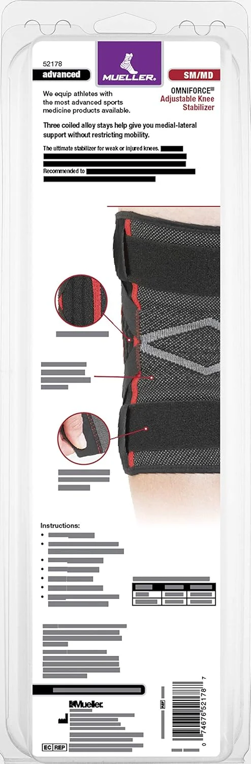 زانوبند تثبیت کننده قابل تنظیم Mueller Omniforce، مدل Aks-500، مشکی، سایز کوچک/متوسط زانوبند تثبیت کننده قابل تنظیم Mueller Omniforce، مدل Aks-500، مشکی، سایز کوچک/متوسط