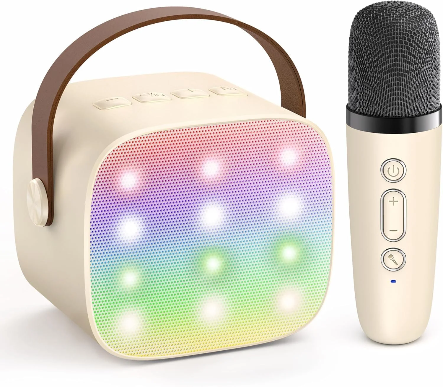 دستگاه کارائوکه قابل حمل با بلندگوی بلوتوث، میکروفون بی سیم، چراغ های LED، سیستم سرگرمی مهمانی کودکان، کرم
