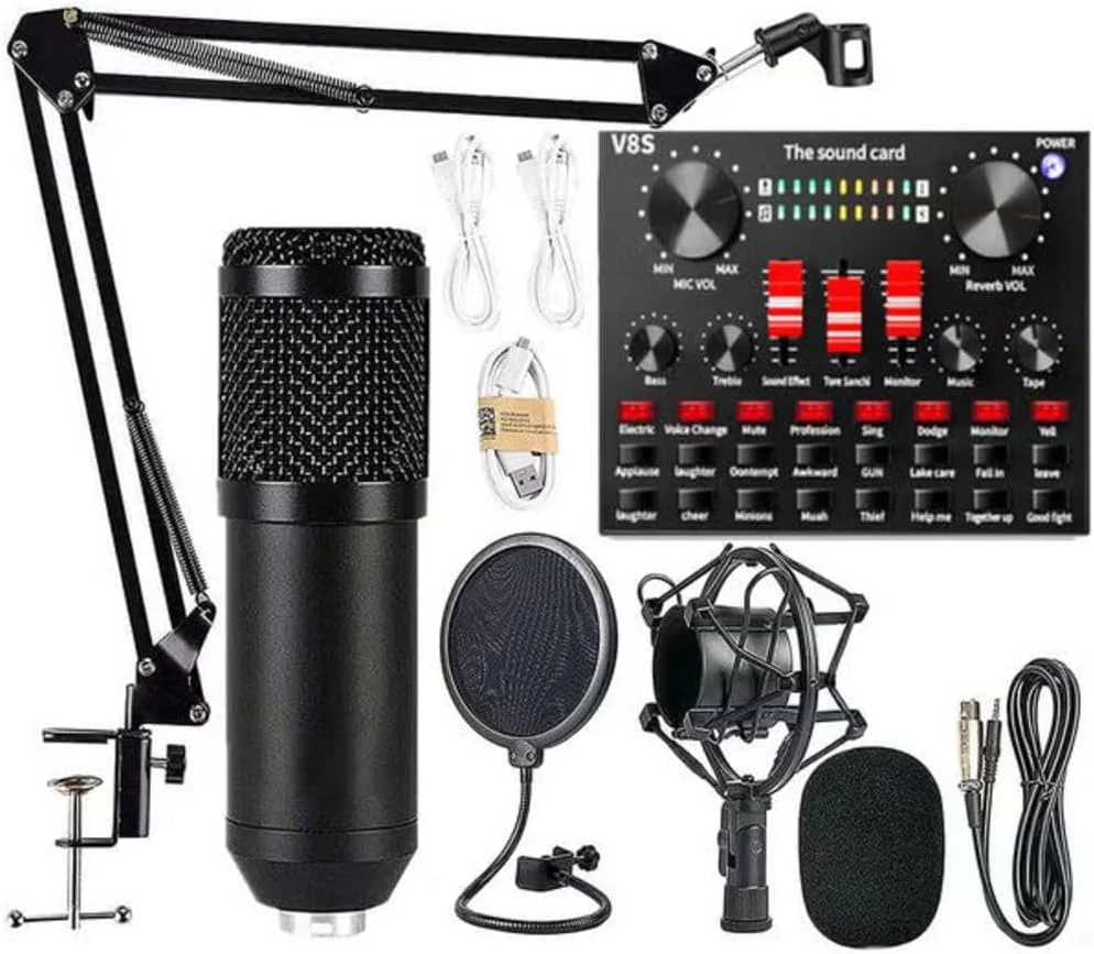 ست میکروفون استودیویی ضبط و پخش – کیت میکروفون مشکی حرفه ای با لرزه گیر، پاپ فیلتر و پایه قابل تنظیم برای پادکست، استریم و صداگذاری