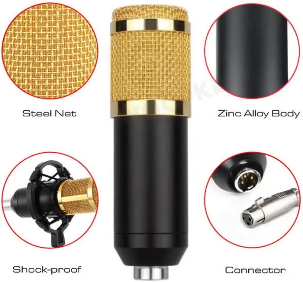 ست میکروفون استودیویی ضبط و پخش – کیت میکروفون مشکی حرفه ای با لرزه گیر، پاپ فیلتر و پایه قابل تنظیم برای پادکست، استریم و صداگذاری