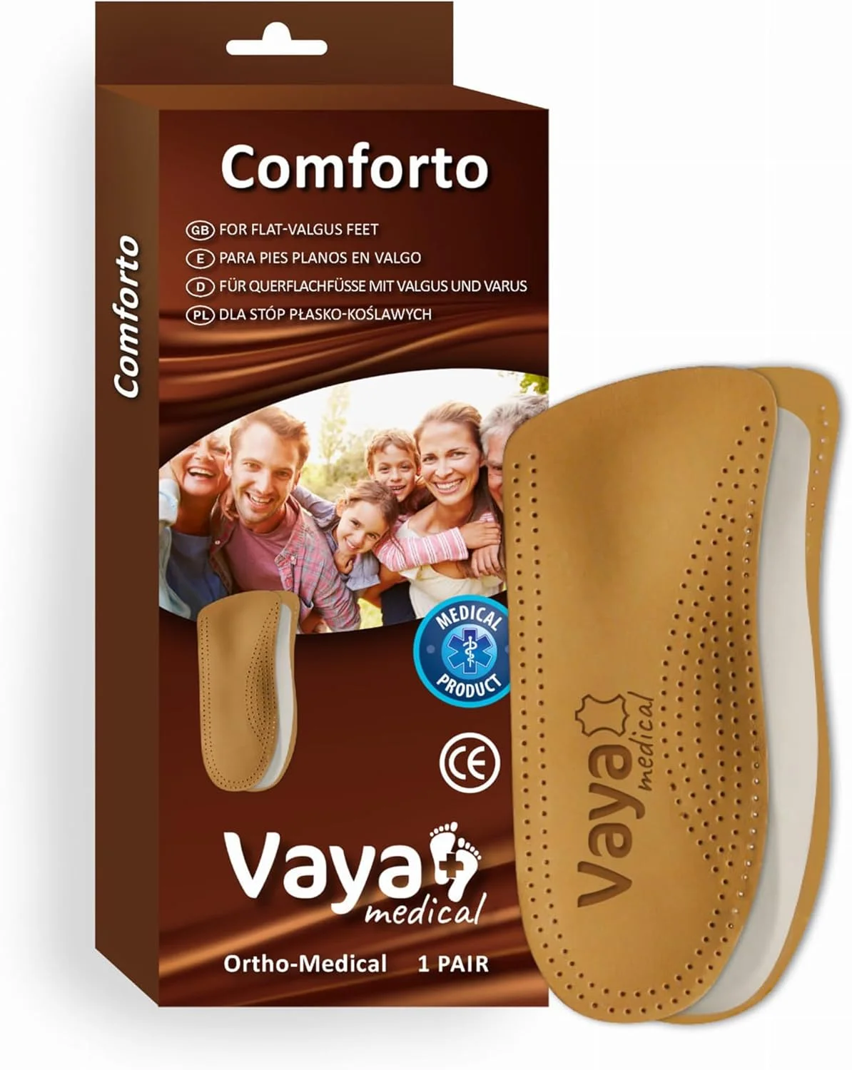 کفی طبی ارتوپدی Vaya Medical برای کف پای صاف عرضی با کفی والگوس، کفی کفش، 1 جفت چرم گوسفندی Comforto قهوه ای سایز 41