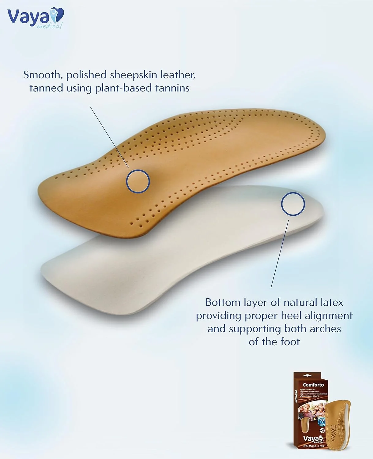 کفی طبی ارتوپدی Vaya Medical برای کف پای صاف عرضی با کفی والگوس، کفی کفش، 1 جفت چرم گوسفندی Comforto قهوه ای سایز 41