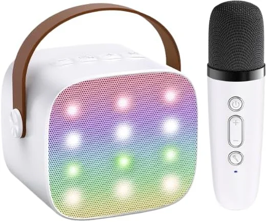 دستگاه کارائوکه قابل حمل با بلندگوی بلوتوث، چراغ های LED، میکروفون بی سیم، هدیه کودک، سفید