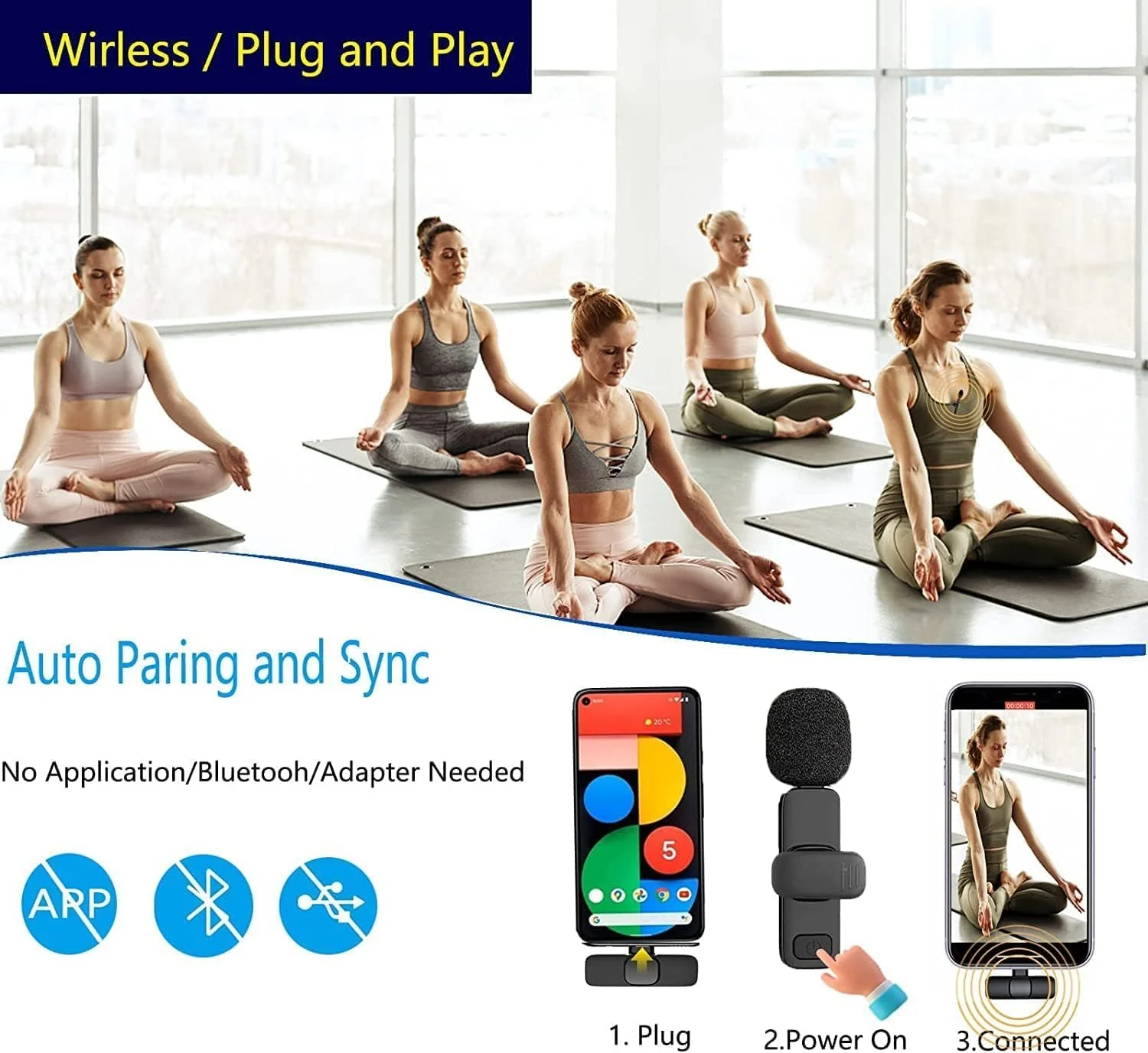 میکروفون یقه ای بی سیم حرفه ای ELTERAZONE برای گوشی های اندروید - میکروفون ضبط کندانسور همه جهته برای مصاحبه، پادکست ویدیویی، ولاگ یوتیوب (بدون نیاز به برنامه/بلوتوث)