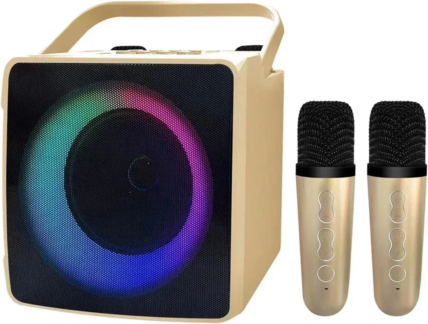 اسپیکر کارائوکه بلوتوث قابل حمل خانگی با دو میکروفون بی سیم، رادیو FM، تلویزیون زنده، پشتیبانی از کارت TF و USB، ساب ووفر (طلایی)