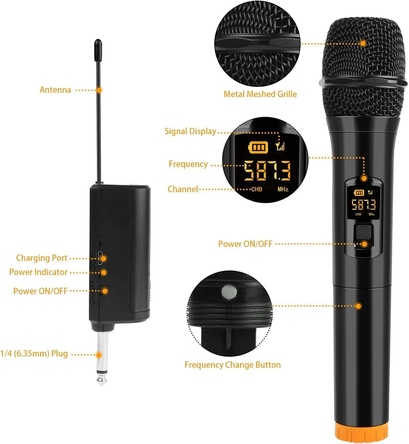 میکروفون بی سیم ELTERAZONE، میکروفون کارائوکه دینامیک دستی دوگانه UHF با گیرنده قابل شارژ، مجموعه میکروفون بی سیم برای سیستم PA، بلندگو، تقویت کننده صدا، مهمانی