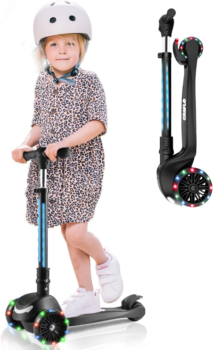 اسکوتر سه چرخ GRAFLO با چراغ های LED روی بدنه و چرخ ها - فرمان با قابلیت تنظیم ارتفاع - اسکوترهای فشاری تاشو آسان - ذخیره سازی راحت - اسکوترهای کودکانه تا 60 کیلوگرم (3 تا 12 سال)