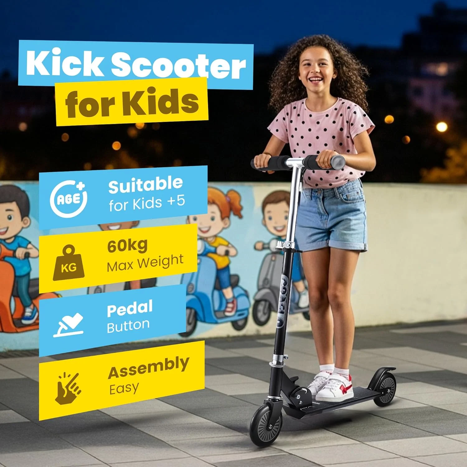 اسکوتر دو چرخ GRAFLO برای کودکان - ارتفاع دسته قابل تنظیم - اسکوتر فشاری تاشو برای کودکان، فریم آلومینیومی، ترمز پایی، چرخ های PU، تحمل وزن تا 55 کیلوگرم (5+ سال)