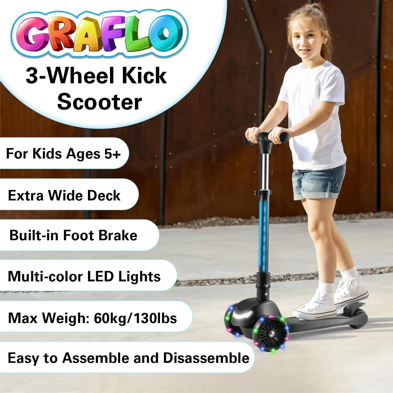 اسکوتر سه چرخ GRAFLO با چراغ های LED روی بدنه و چرخ ها - فرمان با قابلیت تنظیم ارتفاع - اسکوترهای فشاری تاشو آسان - ذخیره سازی راحت - اسکوترهای کودکانه تا 60 کیلوگرم (3 تا 12 سال)