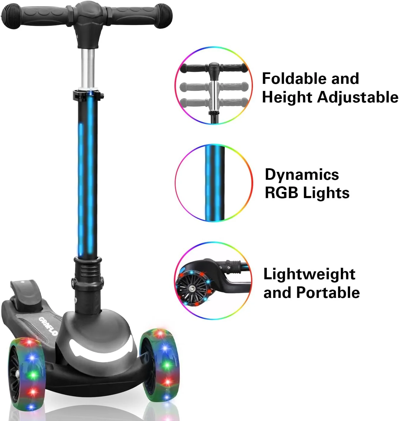 اسکوتر سه چرخ GRAFLO با چراغ های LED روی بدنه و چرخ ها - فرمان با قابلیت تنظیم ارتفاع - اسکوترهای فشاری تاشو آسان - ذخیره سازی راحت - اسکوترهای کودکانه تا 60 کیلوگرم (3 تا 12 سال)