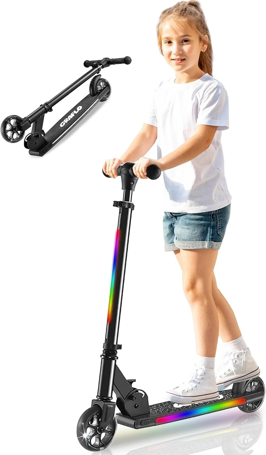 اسکوتر دو چرخ GRAFLO - اسکوتر تاشو و قابل حمل برای کودکان - سبک وزن با چراغ های LED RGB - فرمان با قابلیت تنظیم ارتفاع، ترمز عقب - اسکوتر فشاری برای کودکان - تا 68 کیلوگرم (5+ سال)