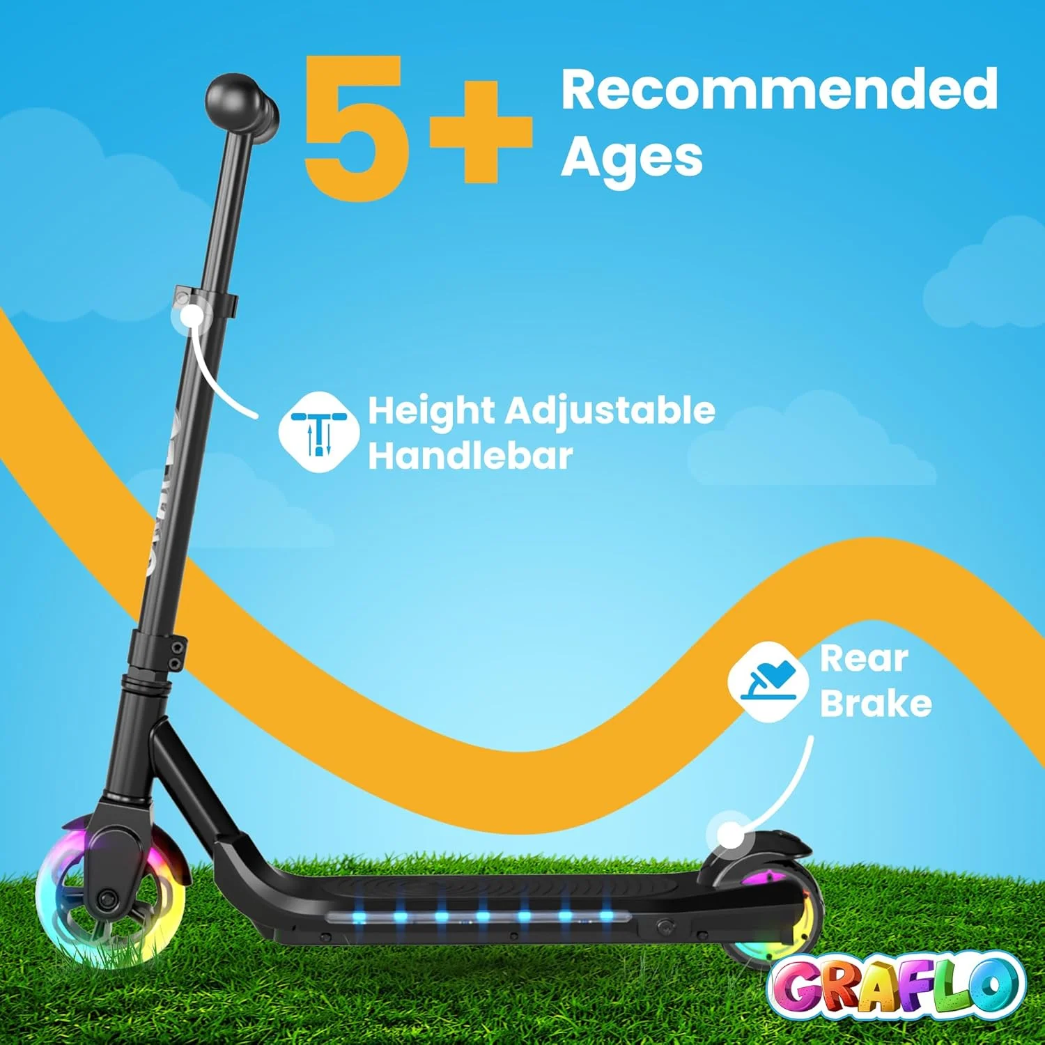 اسکوتر برقی دو چرخ GRAFLO برای کودکان، موتور 60 وات، باتری لیتیومی 21.6 ولت، حداکثر سرعت 10 کیلومتر در ساعت، چرخ های روشن شونده و چراغ های عرشه، فرمان با قابلیت تنظیم ارتفاع، برای پسران و دختران (8+ سال) اسکوتر برقی دو چرخ GRAFLO برای کودکان، موتور 60 وات، باتری لیتیومی 21.6 ولت، حداکثر سرعت 10 کیلومتر در ساعت، چرخ های روشن شونده و چراغ های عرشه، فرمان با قابلیت تنظیم ارتفاع، برای پسران و دختران (8+ سال)