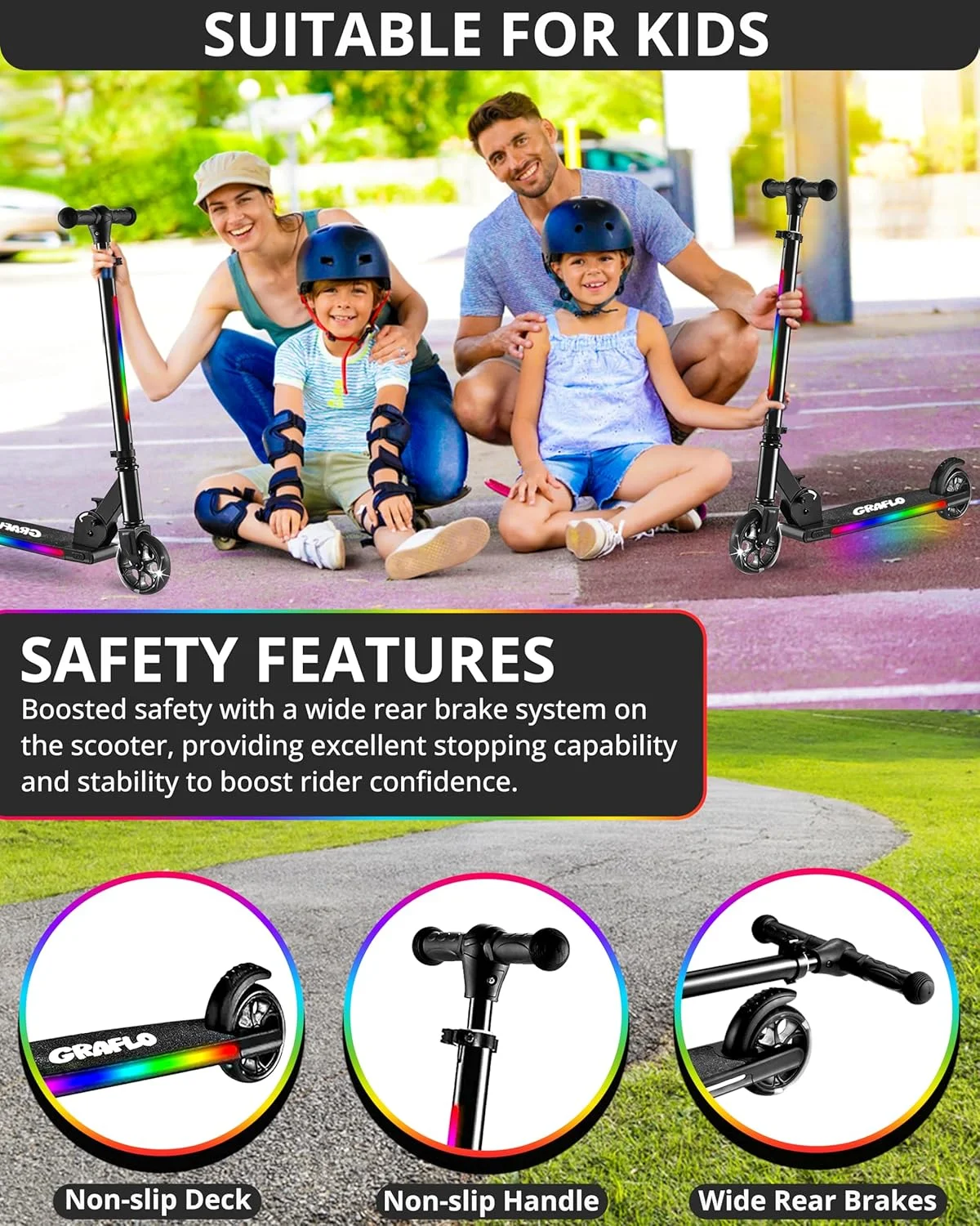 اسکوتر دو چرخ GRAFLO - اسکوتر تاشو و قابل حمل برای کودکان - سبک وزن با چراغ های LED RGB - فرمان با قابلیت تنظیم ارتفاع، ترمز عقب - اسکوتر فشاری برای کودکان - تا 68 کیلوگرم (5+ سال) اسکوتر دو چرخ GRAFLO - اسکوتر تاشو و قابل حمل برای کودکان - سبک وزن با چراغ های LED RGB - فرمان با قابلیت تنظیم ارتفاع، ترمز عقب - اسکوتر فشاری برای کودکان - تا 68 کیلوگرم (5+ سال)