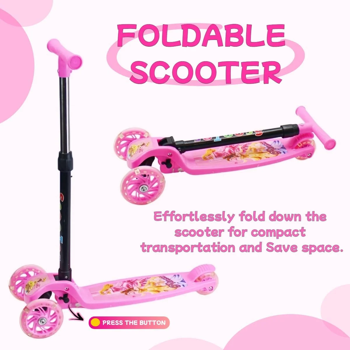 اسکوتر FUN FUTURE برای کودکان با دسته تاشو و قابل تنظیم ارتفاع، اسکوتر ضربه ای با چرخ های PU LED و ترمز عقب، اسکوتر کودکان برای 3 تا 8 سال