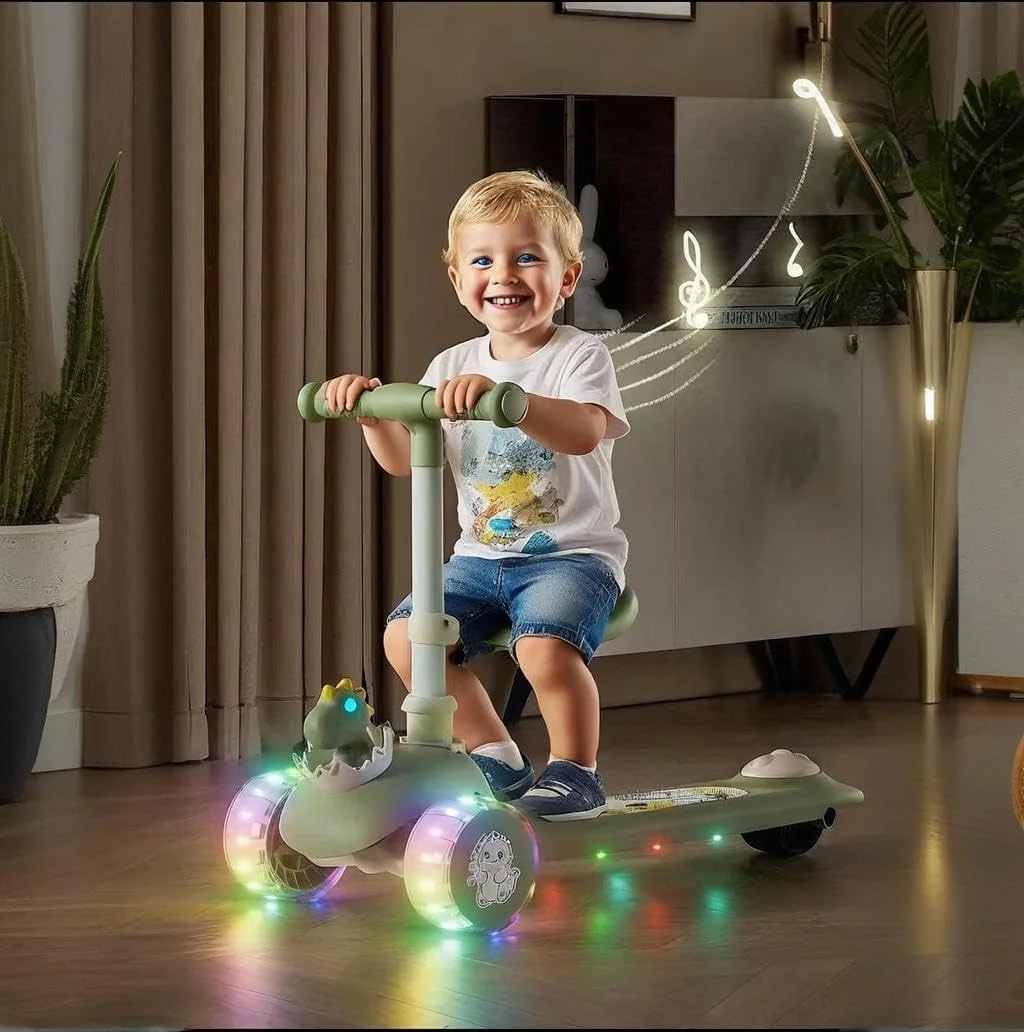 اسکوتر تاشو با چرخ‌های LED موزیکال و 3 دسته قابل تنظیم ارتفاع، فرمان متمایل به هدایت و عرشه ضد لغزش پهن، اسباب بازی کودکان برای پسران و دختران 3-12 سال
